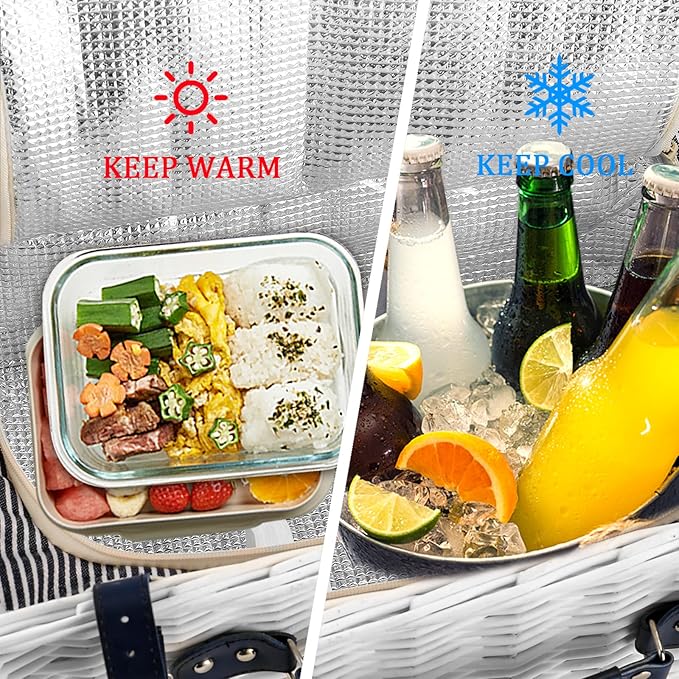 Picnic Basket for 4 Persons with Waterproof Picnic Blanket and Insulated Cooler, Large Wicker Picnic Basket for Camping, Outdoors, Valentine's Day, Christmas, Birthday, Wedding Gift