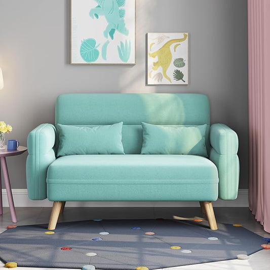 Yaheetech 46" Small Modern Fabric Sofa Loveseat Mid Century 2 Seater Sofa Couch with Lumbar Pillows, Solid Wood Legs for Living Room, Small Space, Dorm, Office, Bedroom, Aquamarine