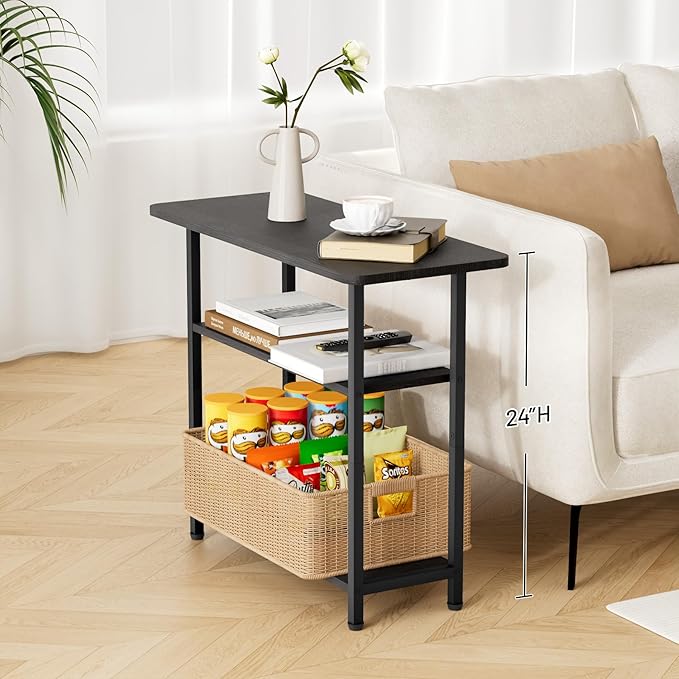SLEEPING LAMB Side Table for Living Room, 3-Tier End Table for Small Space with Wide Storage Tabletop, Classic Black Narrow Nightstand for Bedroom, Sofa Couch