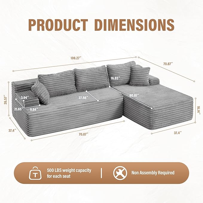 Hobestluk Modular Sectional Sofa Couches L-Shape Couch 3 Seat Modular Sofa Memory Foam Sectional Couches for Living Room, Cloud Couch with Oversized Chaise (Right Facing)