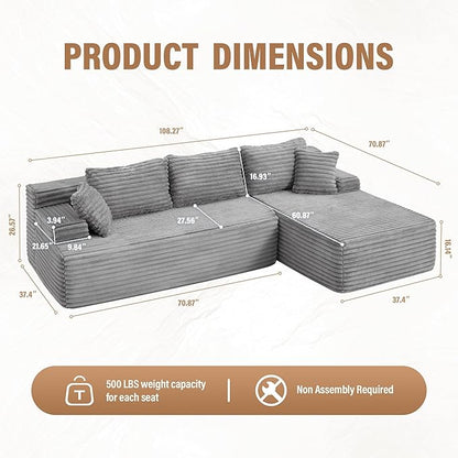 Hobestluk Modular Sectional Sofa Couches L-Shape Couch 3 Seat Modular Sofa Memory Foam Sectional Couches for Living Room, Cloud Couch with Oversized Chaise (Right Facing)