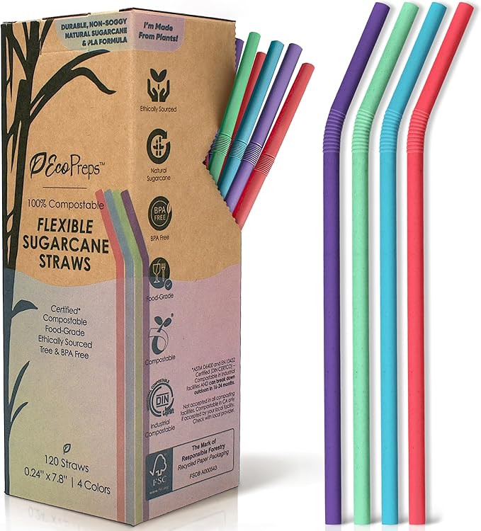 Colorful, Flexible Biodegradable Sugarcane Straws, 120 Count | 100% Compostable, Plastic-Free, Eco-Friendly Drinking Straws for Cold Drinks | 7.8" Bendable, Multi-Color Disposable Straw Set
