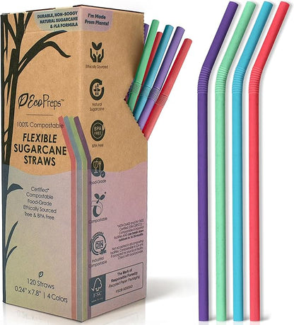 Colorful, Flexible Biodegradable Sugarcane Straws, 120 Count | 100% Compostable, Plastic-Free, Eco-Friendly Drinking Straws for Cold Drinks | 7.8" Bendable, Multi-Color Disposable Straw Set