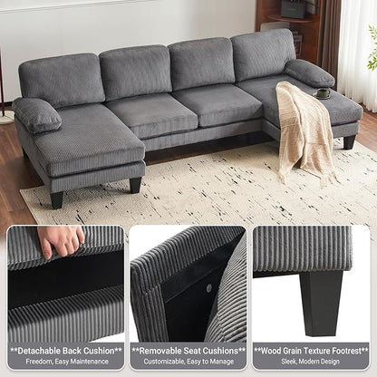 VINGLI 110" Sectional Couches for Living Room,U Shaped Couch with Double Chaise, 4-Seat Sofa Set with Corduroy Fabric for Home Furniture,Grey