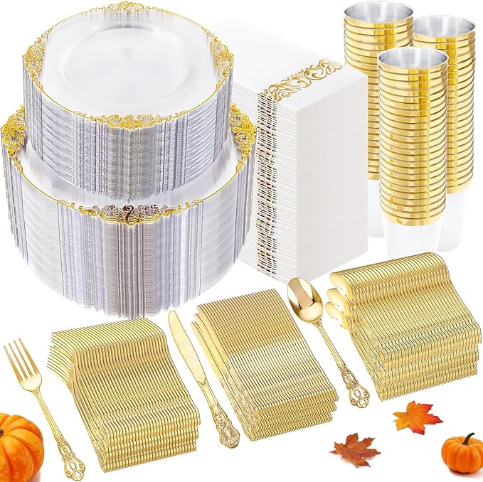 YOUBET 700PCS Clear Gold Plastic Plates - Elegant Gold Plastic Dinnerware Set Include 200 Disposable Plates, 300 Heavy Duty Silverware, 100 Cups, 100 Napkins for Wedding Party & Thanksgiving