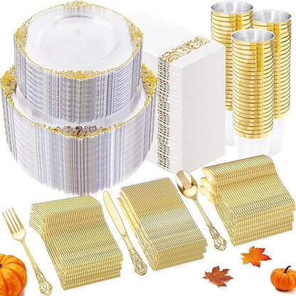 YOUBET 700PCS Clear Gold Plastic Plates - Elegant Gold Plastic Dinnerware Set Include 200 Disposable Plates, 300 Heavy Duty Silverware, 100 Cups, 100 Napkins for Wedding Party & Thanksgiving