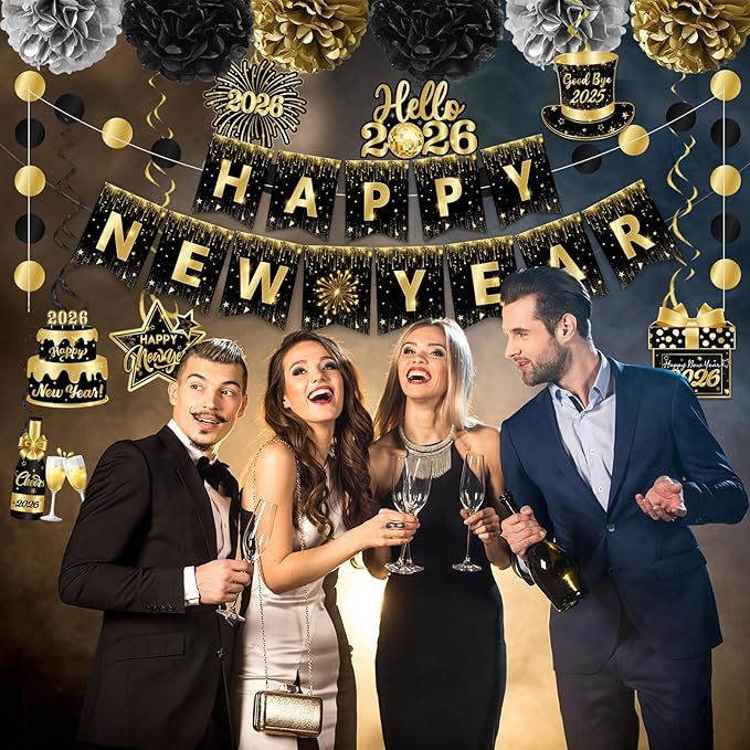 2026 New Years Decorations, NYE Party Supplies includes Happy New Year Banner Hanging Swirls and Black and Gold Tissue Pom Poms, New Year Hanging Swirls for Indoor Outdoor Classroom Office