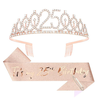 CIEHER 25th Birthday Crown Sash and Pearl Pin Set, 25th Birthday Gifts for Girls It's My 25 Birthday Decorations Women