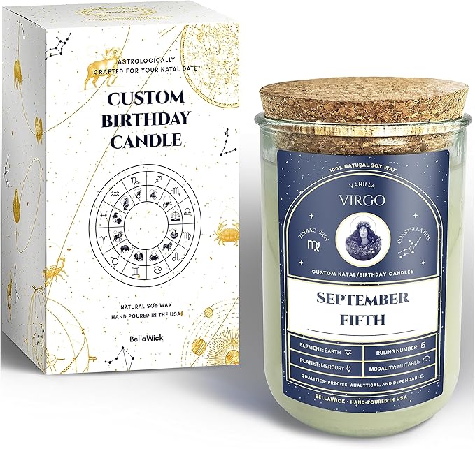 Birthday Candles - Custom Birthdate Astrological Zodiac Scented Candles. Astrology Gifts. All Natural Soy Wax. 75+ Hour Burn Time. Made in USA - September 5