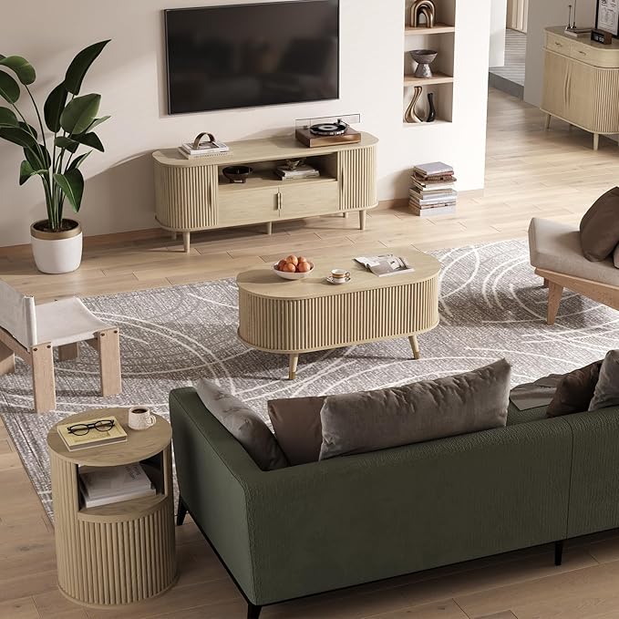 42.5" Oval Lift Top Coffee Table with Storage, Modern Oak Center Table with Fluted Design,Pop Up Coffee Table for Living Room,Solid Wood Legs & Hidden Compartment