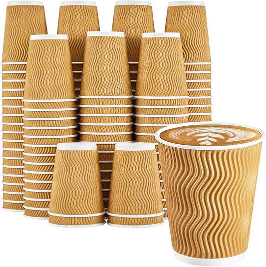 150 Pack 8 oz Coffee Cups, Disposable Corrugated Insulated Ripple Wall Paper Coffee Cups 8 OZ for Hot or Cold Drinks Office Home Cafe Party Travel (Champagne)