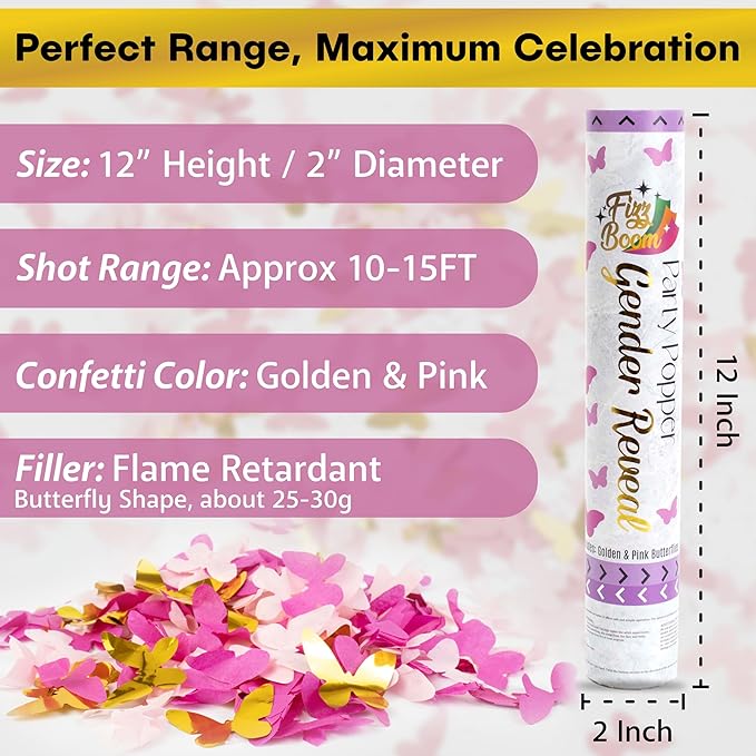 2 Pack Pink Butterfly -Shaped Confetti Poppers for Baby Gender Reveal | Pink Paper and Gold Mylar Baby Girl Party Supplies