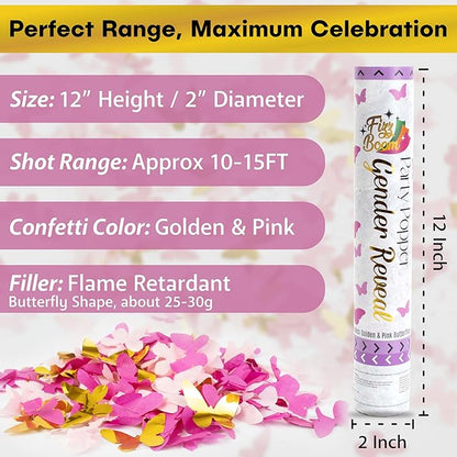 2 Pack Pink Butterfly -Shaped Confetti Poppers for Baby Gender Reveal | Pink Paper and Gold Mylar Baby Girl Party Supplies