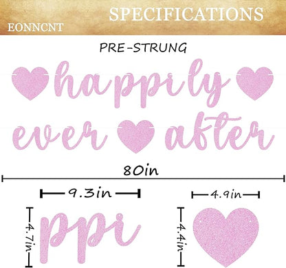 Pre-Strung Happily Ever After Banner - Pink Glitter Bachelorette Bridal Engagement Party Decoration Supplies, Bachelorette Wedding Party Banner for Engagement, Bridal Shower, Wedding Party Photo Booth Props