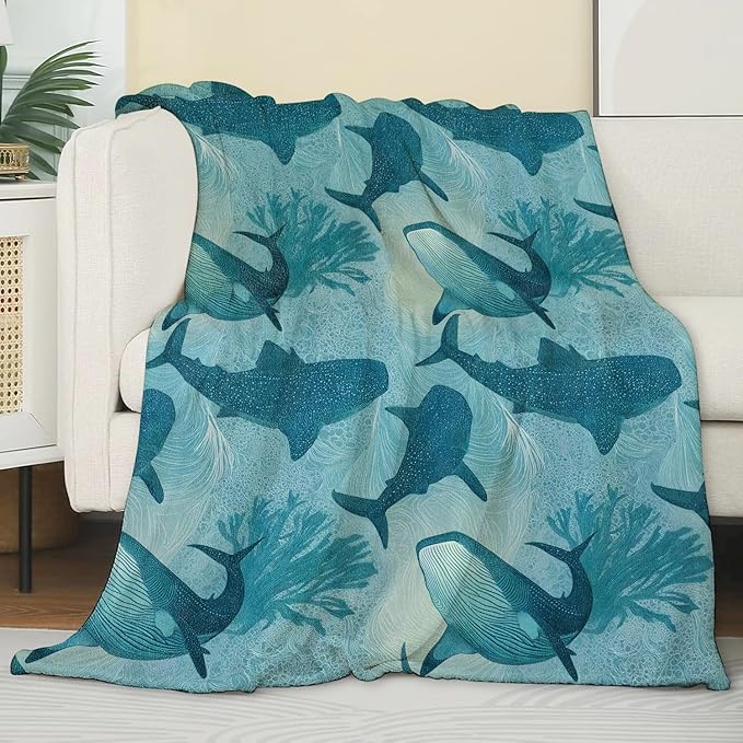 Ocean Whale Coral Blanket,Vintage Marine Life Blankts,Gifts for Sea Lovers Kids,Beach House Bedroom Cabin Picnic Travel Coastal Decor,Nautical Soft Cozy Lightweight Flannel Throw,50"x60"