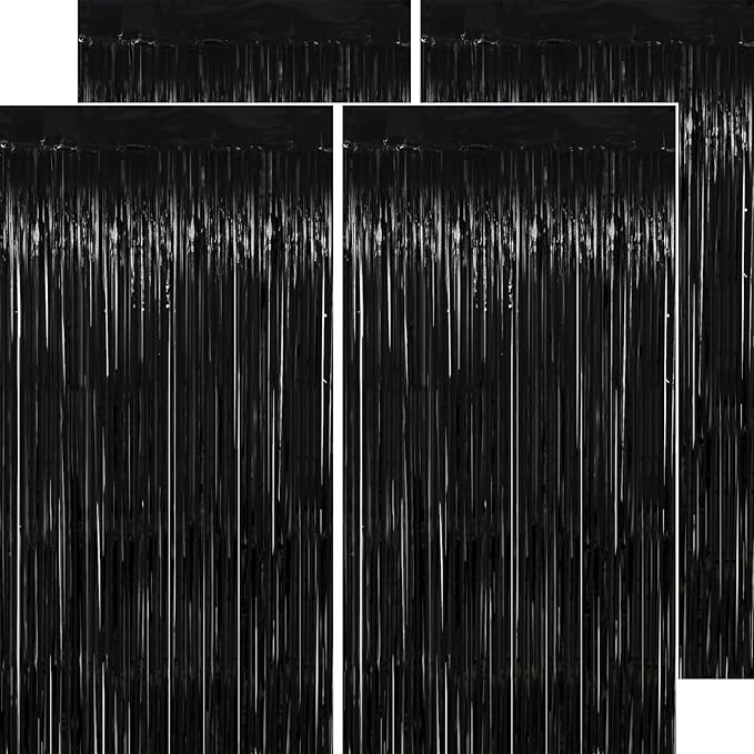Thicken Black Streamers 4 Pack 3.2 x 8.2 FT, Black Tinsel Backdrop Curtains, Foil Fringe Photo Backdrop for New Years, Halloween, Retirement, Bachelor Party Decorations, Birthday Decorations for Men