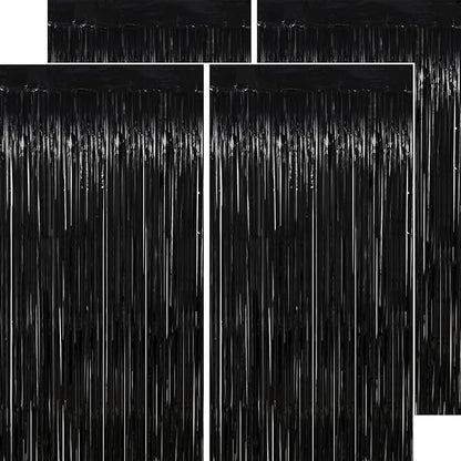 Thicken Black Streamers 4 Pack 3.2 x 8.2 FT, Black Tinsel Backdrop Curtains, Foil Fringe Photo Backdrop for New Years, Halloween, Retirement, Bachelor Party Decorations, Birthday Decorations for Men