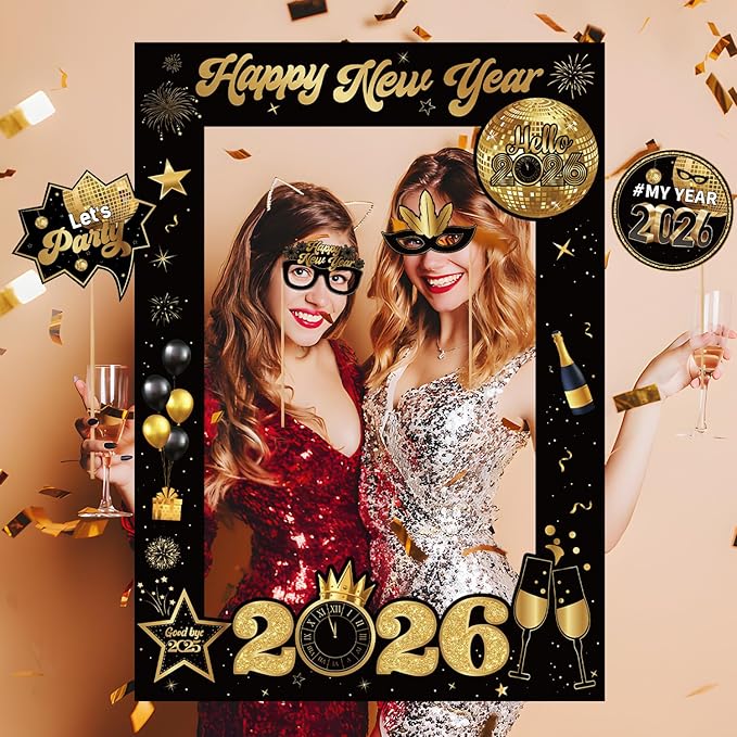 New Years Decorations 2026 Photo Booth Props Set Include 1 Photo Booth Frame and 21 Photo Props Black and Gold Happy New Years Eve Party Supplies 2026 for Photography