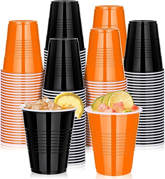 KesaPlan 100 PCS 12 OZ Halloween Fall Plastic Cups for Party, Disposable Black & Orange Cups, Graduation Drinking Cup Bulk for Snack Juice, Halloween Thanksgiving Wedding Birthday Theme Party