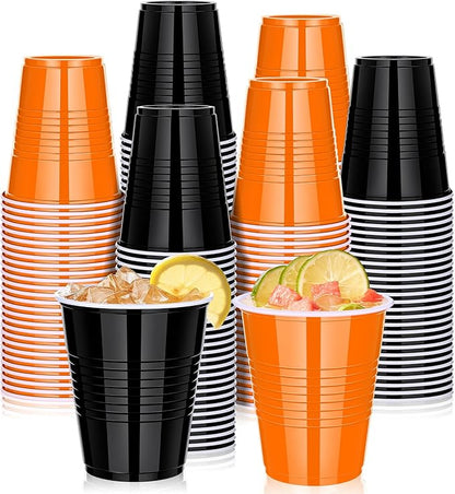 KesaPlan 100 PCS 12 OZ Halloween Fall Plastic Cups for Party, Disposable Black & Orange Cups, Graduation Drinking Cup Bulk for Snack Juice, Halloween Thanksgiving Wedding Birthday Theme Party