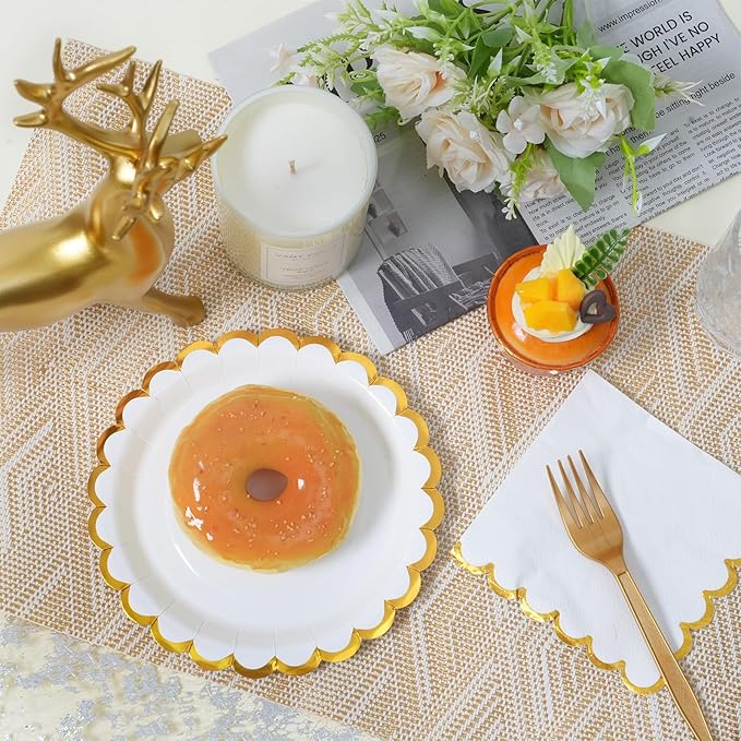 White scalloped party plates with napkins and fork gold foil border, 24 Guest disposable Tableware Set Party Decoration for Birthday Coquette Bridal Baby Shower Valentines