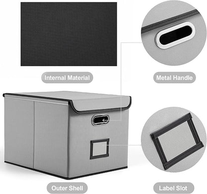 Collapsible File Box with Lid & Plastic Slide - Hanging Document Organizer for Office/Home, 14.96x12.6x10.83 Inch,Decorative Home File Bin,Light Grey,2 Pack (No Folders Included)