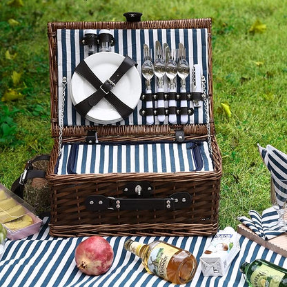 Picnic Basket for 4 with Waterproof Picnic Blanket and Insulated Cooler, Wicker Picnic Set, Willow Hamper for Camping, Outdoors, Photoshoot, or a Birthday, Mother's Day, Wedding Gift, Blue