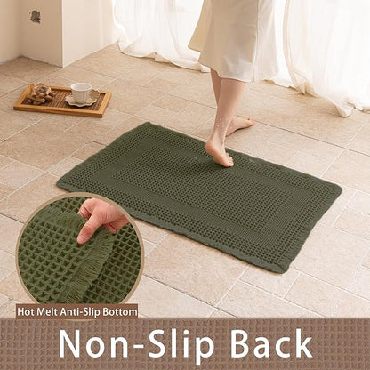 Waffle Bath Mat Non Slip, Boho Bathroom Rug, Super Absorbent Quick Dry Bathroom Mat, Soft Farmhouse Bath Rug with Tassels, Small Washable Shower Mats for Floor 16"x24", Square Olive Green