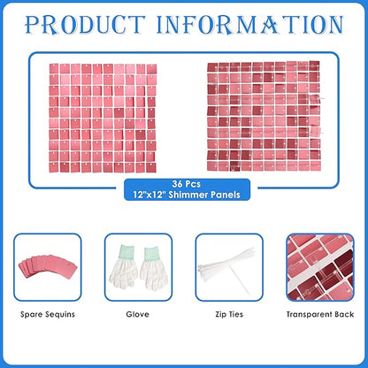 Shimmer Wall Backdrop Matte Pink Square Sequin Wall Panel Backdrop Decor for Wedding, Anniversary, Birthday, Party, 36 Panels
