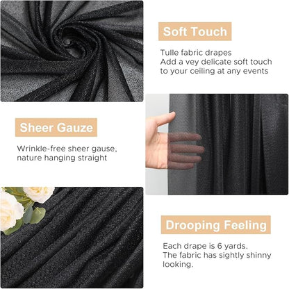 Wokceer Wedding Arch Draping 2 Panels 28.7" x 20FT Black Sheer Fabric Backdrop for Ceremony, Birthday Party, Bridal Shower Decoration