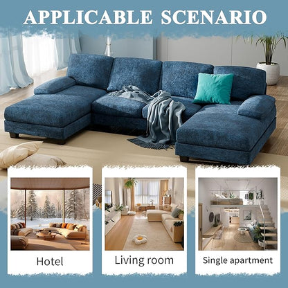 Furniwell Convertible Sectional Sofa Couch, 4 Seat Sofa Set for Living Room U-Shaped Modern Fabric Modular Sofa Sleeper with Double Chaise & Memory Foam (Fabric, Blue)