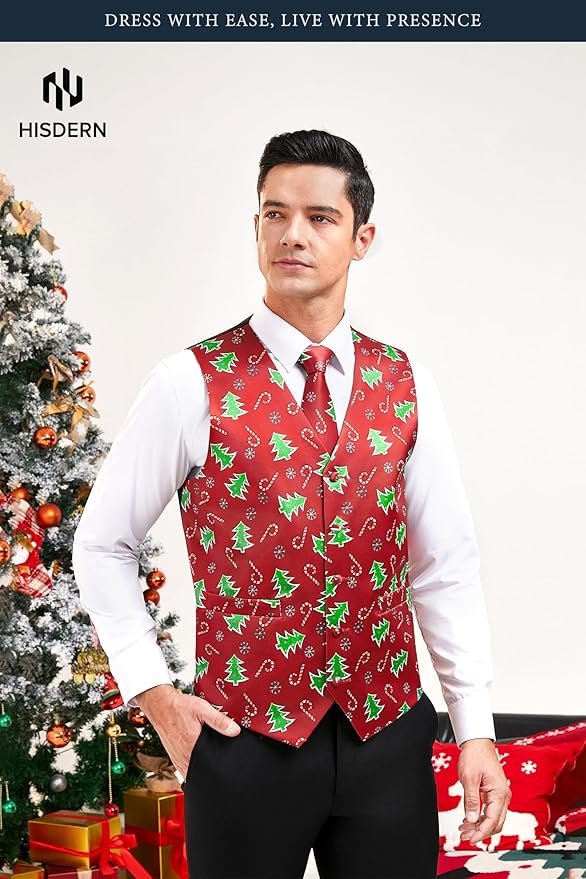 HISDERN Men's Suit Vest Christmas Holiday Season Party Jacquard Waistcoats Necktie Pocket Square Vest Suit Set