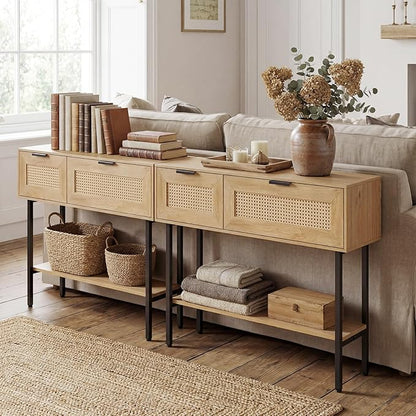 Giantex Rattan Console Table with Storage, 40" Boho Entryway Table w/ 2 Flip Door Cabinets & Shelf, Metal Frame, 2 Anti-Tipping Kits, Narrow Long Behind Couch Sofa Table for Entrance Hallway, Natural