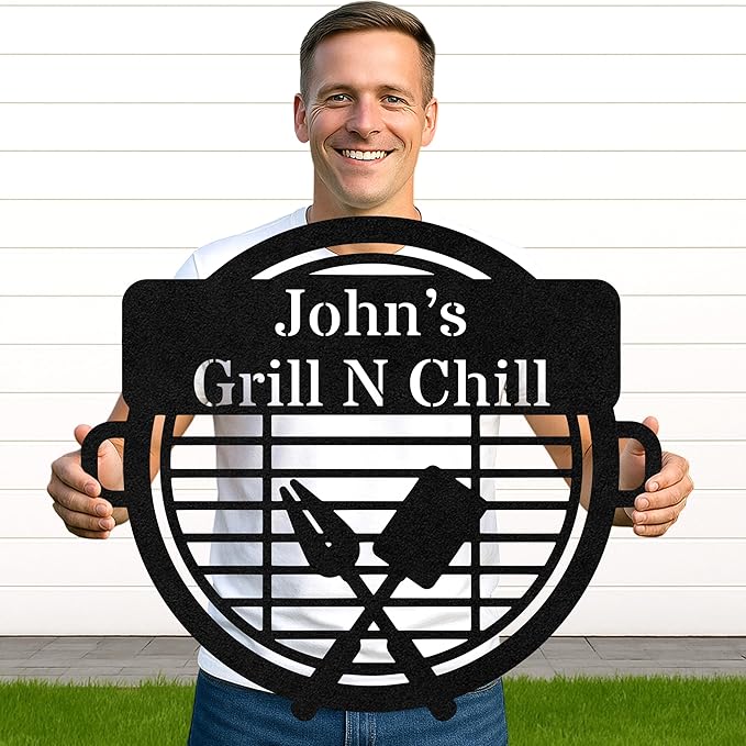 Custom Name BBQ Grill Wall Sign, Personalized Outdoor Kitchen Metal Cut Decor, Rustic Patio Backyard Barbecue Gift