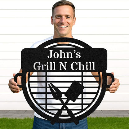 Custom Name BBQ Grill Wall Sign, Personalized Outdoor Kitchen Metal Cut Decor, Rustic Patio Backyard Barbecue Gift