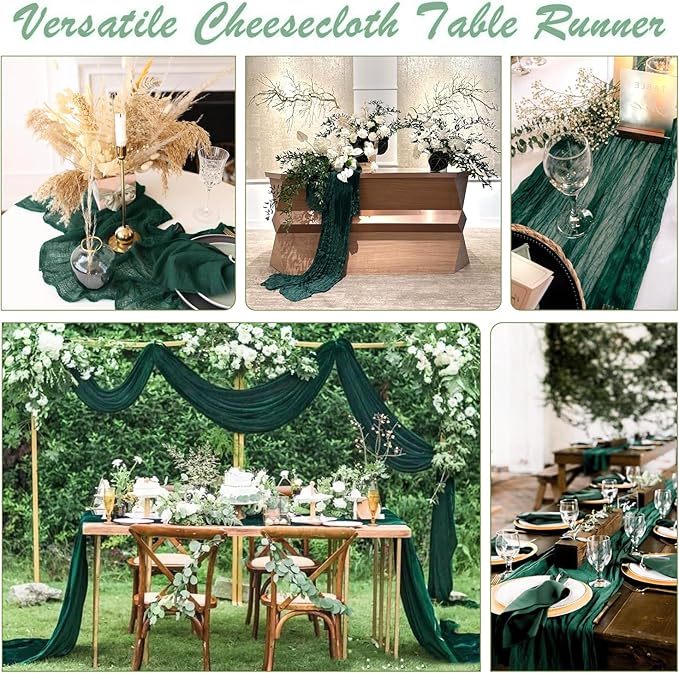 10 Pack Emerald Green Cheesecloth Christmas Table Runner 35 x 120 inch Long Boho Cheese Cloth Gauze Table Runners for Wedding Bridal Shower Birthday Party Christmas Decorations