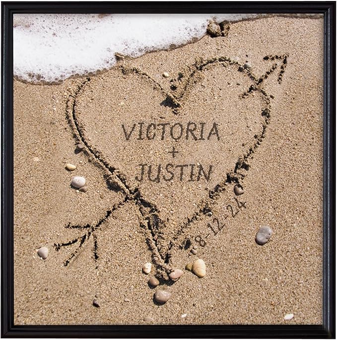 Let's Make Memories Personalized Canvas Wall Art For Couples - Engagement, Wedding, Newlyweds, Anniversary - Home Decor - Heart in Sand - Framed Canvas - 16x16