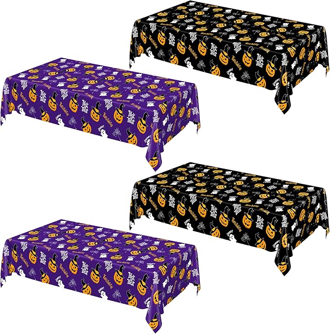 QZYL 4 Pack Halloween Coloring Tablecloth, 54" x 108" Pumpkin Decorations, Purple Disposable Table Cloth Black Plastic Tablecover, Halloween Party Decor Supplies Indoor Outdoor