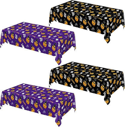 QZYL 4 Pack Halloween Coloring Tablecloth, 54" x 108" Pumpkin Decorations, Purple Disposable Table Cloth Black Plastic Tablecover, Halloween Party Decor Supplies Indoor Outdoor