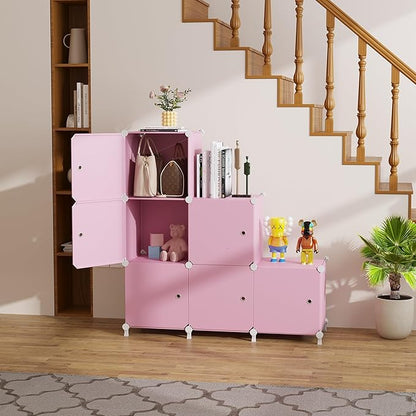 Cube Storage Organizer, 6-Cube Shelves Unit with Doors, DIY Stackable Plastic Clothes Organizer for Bedroom and Under Stairs Storage Unit, Each Compartment 30 x 30 x 30 cm Pink ATTSL6006