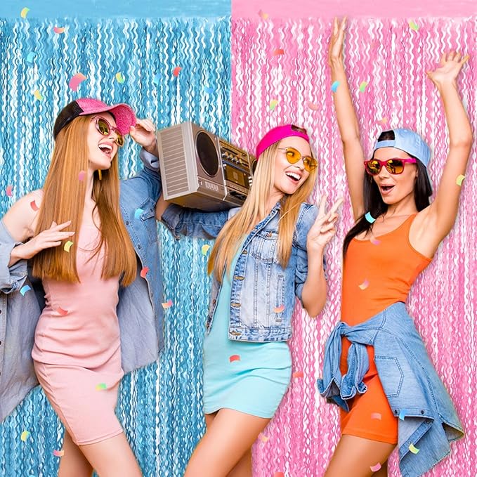 4 Pack Macaron Pink Blue Fringe Curtain Backdrop 3.2Ft x 8.2Ft Metallic Tinsel Foil Fringe Streamers Background for Photo Booth Mother's Day, Easter, Carnival, Birthday, Wedding Party Decoration