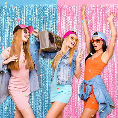 4 Pack Macaron Pink Blue Fringe Curtain Backdrop 3.2Ft x 8.2Ft Metallic Tinsel Foil Fringe Streamers Background for Photo Booth Mother's Day, Easter, Carnival, Birthday, Wedding Party Decoration
