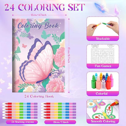 BenLouis 24 Butterfly Mini Coloring Books Kids with 24 Stacking Crayons Butterfly Theme Party Favors Activity Books Bulk for Kids Spring Fairy Birthday Goodie Bag Gift Stuffer Classroom Reward