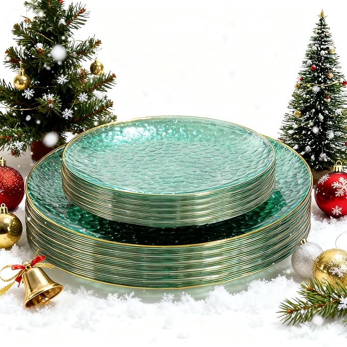 SUT 36Pcs Green Plastic Plates, Hammered Plates Disposable Heavy Duty, Green Disposable Plates With Gold Rim, Fancy Plastic plates Include 18 Dinner and 18 Dessert plates for Wedding