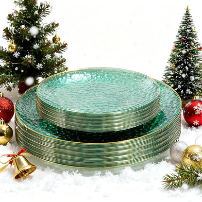 SUT 36Pcs Green Plastic Plates, Hammered Plates Disposable Heavy Duty, Green Disposable Plates With Gold Rim, Fancy Plastic plates Include 18 Dinner and 18 Dessert plates for Wedding
