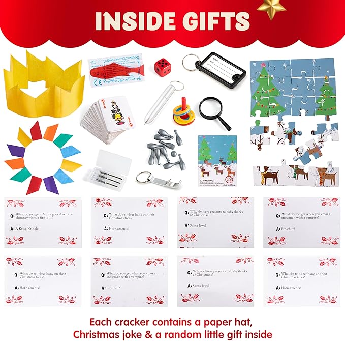 JOYIN 12 Pack Christmas Non-Snap Party Favor, Red & Green Snowflake Party Table Favor Includes Party Hat, Jokes & Gifts, Xmas Gifts Prizes for Christmas Holiday Dinner Traditions Supplies