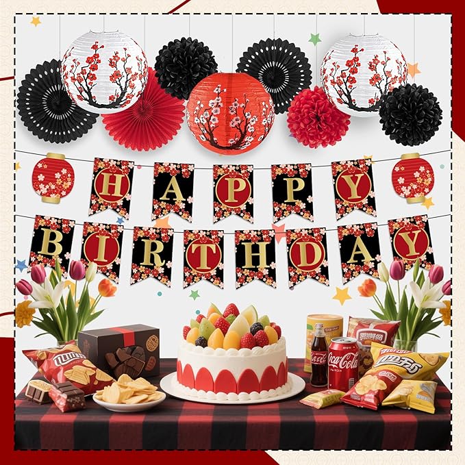 14Pcs Hibachi Party Decorations, Japanese Lanterns with Cherry Blossom Patterns Tissue Paper Pom Poms Round Paper Fans Happy Birthday Banner Set for Hibachi Japanese Party Decorations
