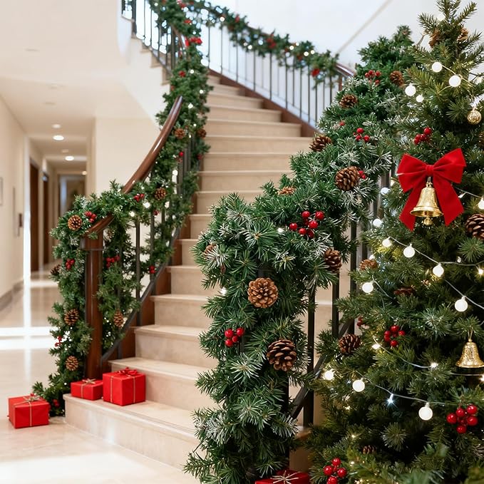 Christmas Garland with Lights, 9FT Snow Flocked Christmas Garland for Mantle, Prelit Outdoor Garlands with Red Berries and Pine Cores for Outdoor Indoor Mantle Table Stairs Fireplace Home Decor