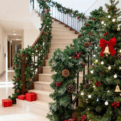 Christmas Garland with Lights, 9FT Snow Flocked Christmas Garland for Mantle, Prelit Outdoor Garlands with Red Berries and Pine Cores for Outdoor Indoor Mantle Table Stairs Fireplace Home Decor