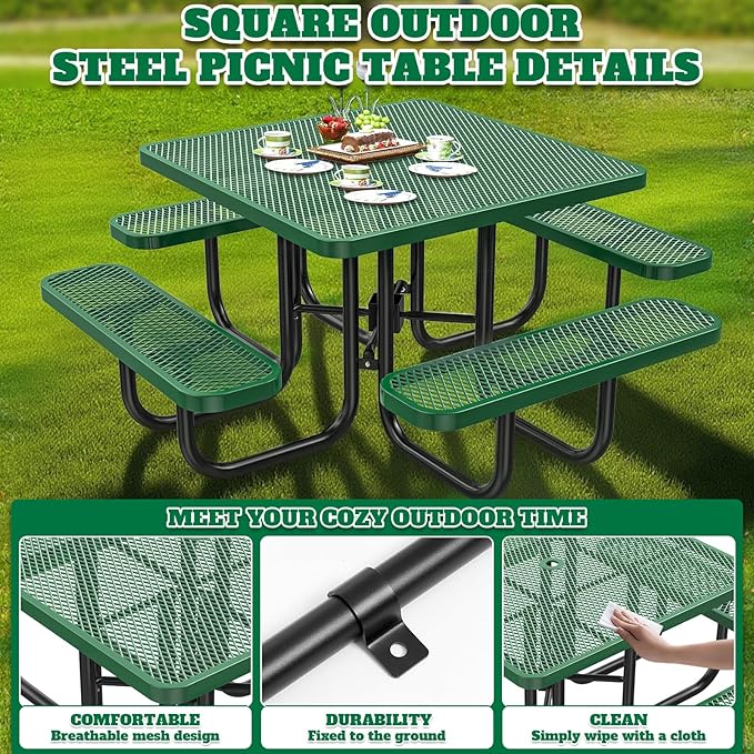 47'' Heavy-Duty Metal Picnic Tables with Umbrella Hole, Outdoor Steel Heavy Duty Commercial Grade Black Table, Outdoor Bench Set for Lawn, Patio, Park, Yard, Garden, Porch (Set C, Square)